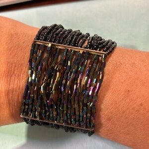 Two shades of black beaded cuff bracelet stretchy dressy